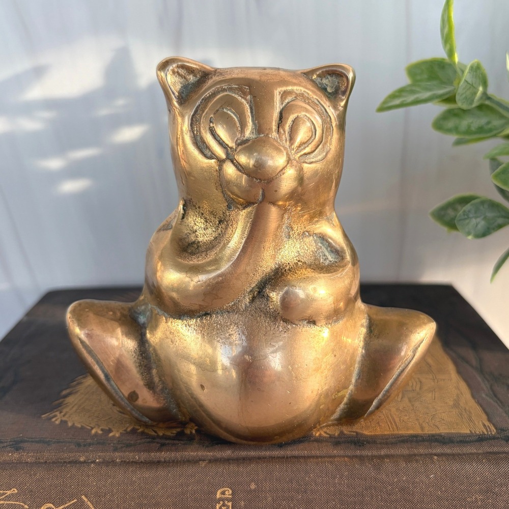 Vintage Solid Brass Panda Bear Figurine Shy Bashful Animal Paperweight 4x4 Inch